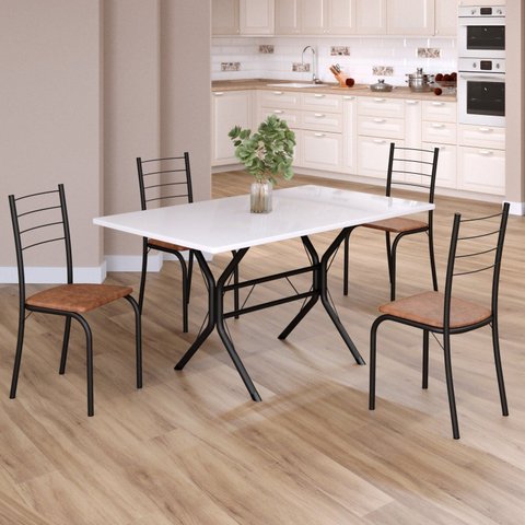 Conjunto Sala de Jantar Mesa Retangular 120x75cm Tampo Madeira MDP White 4 Cadeiras Rio Preto/C. Marrom/Fosco