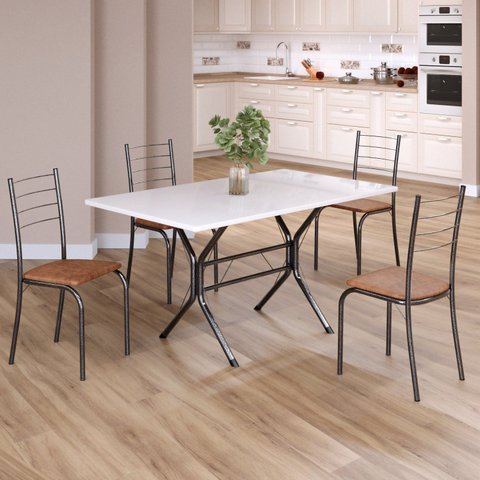 Conjunto Sala de Jantar Mesa Retangular 120x75cm Tampo Madeira MDP White 4 Cadeiras Rio Prata/C. Marrom/Mart