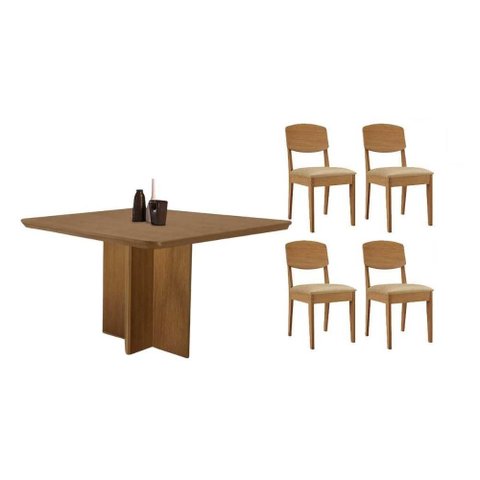 Sala de Jantar Completa Berlim C/ Tampo Madeirado Canto Curvo 90x90cm e 4 Cadeiras Havana Naturale