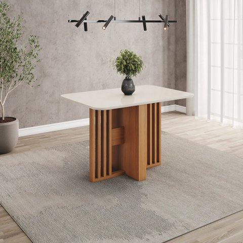 Mesa de Jantar 4 Lugares 120cm Tampo MDF e Vidro Canto Arredondado Larah