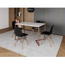 Ver imagem 1 de Mesa Industrial Base Ferro Cobre em V Tampo 137x90 Branco 4 Cadeiras Eames Madeira Assento Preto