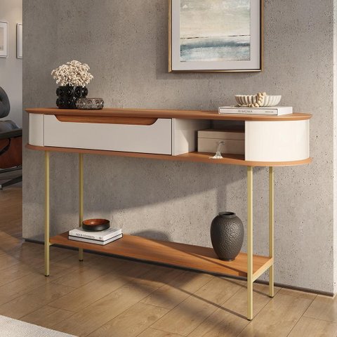 Aparador Atlanta com Tampo Mdf Usinado Base Mdp 25mm e Pés em Ferro Off White/jequitiba