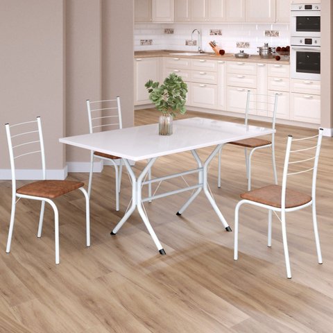 Conjunto Sala de Jantar Mesa Retangular 120x75cm Tampo Madeira MDP White 4 Cadeiras Rio Branco/C. Marrom