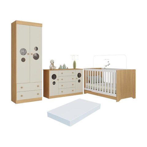 Quarto de Bebê Completo Berço Americano 3x1 Colchão Pirulito Multimóveis Mp4641 Madeirado/off