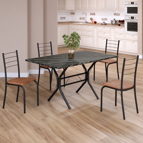 Conjunto Sala de Jantar Mesa Retangular 120x75cm Tampo Madeira MDP Indiana 4 Cadeiras Rio Preto/C. Marrom/Fosco