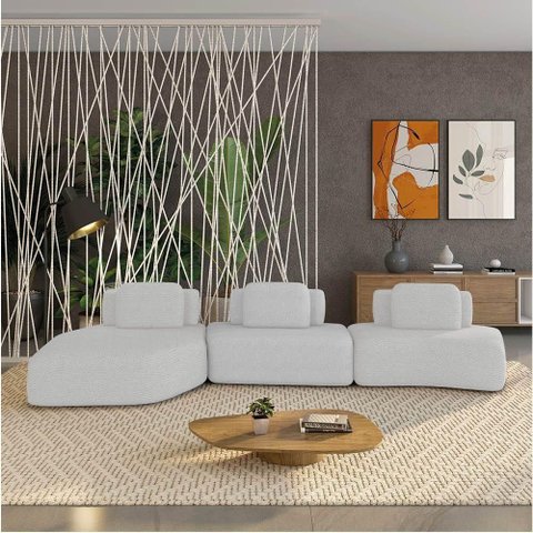 Sofá 3 Lugares Orgânico com Chaise e 2 Módulos Berlim Bouclê Cinza Claro-off White K01 - D'Rossi