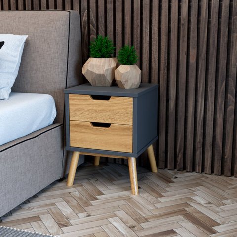 Mesa de Cabeceira Lara de Madeira Maciça com 2 Gavetas - Cinza