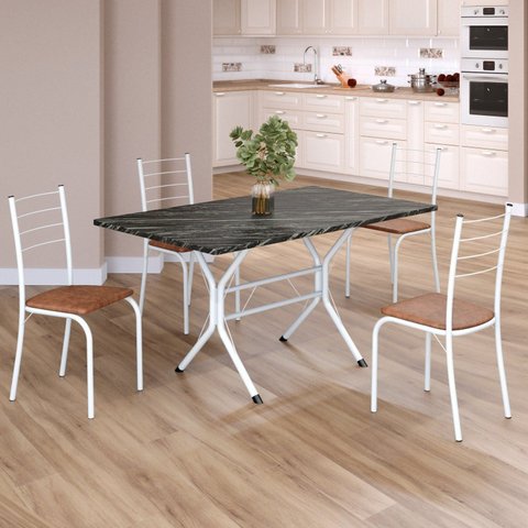 Conjunto Sala de Jantar Mesa Retangular 120x75cm Tampo Madeira MDP Indiana 4 Cadeiras Rio Branco/C. Marrom