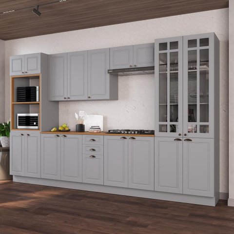 Armário de Cozinha Modulada Completa Fidelitá Nara 100% MDF 6 Peças 350cm 18 Portas 2 Gavetas com