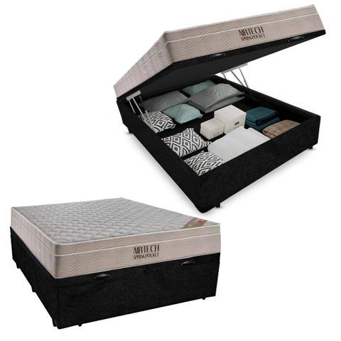 Cama Baú Casal Suede + Colchão Casal Ortobom Airtech Molas SpringPocket (65x138x188) Preto