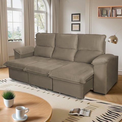 Sofá Retrátil Reclinável America 2,30m Suede Marrom Claro