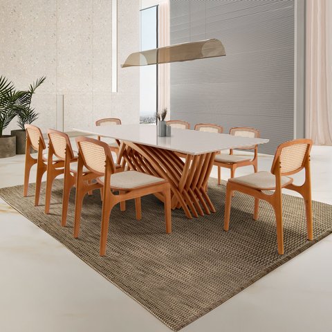 Conjunto Sala de Jantar Mesa 220cm Madeira Maciça Zurick 8 Cadeiras Maia