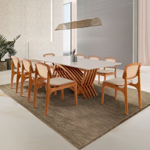 Conjunto Sala de Jantar Mesa 220cm Madeira Maciça Zurick 8 Cadeiras Maia Marrom/Off White/Imbuia