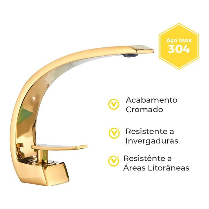 Torneira Banheiro Cascata Misturador Monocomando Aço Inox 304 Dourada Luxo - Brinovar - 5