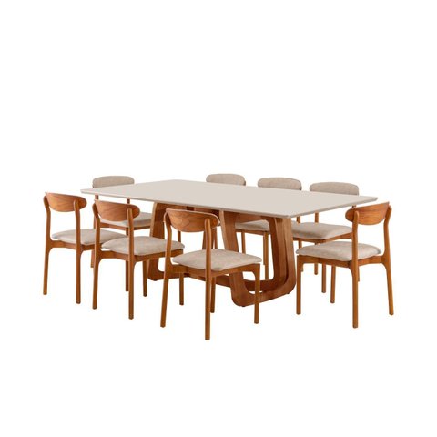 Conjunto de Mesa de Jantar Retangular em Madeira Maciça com Vidro e 8 Cadeiras Genova Monaco Yescasa