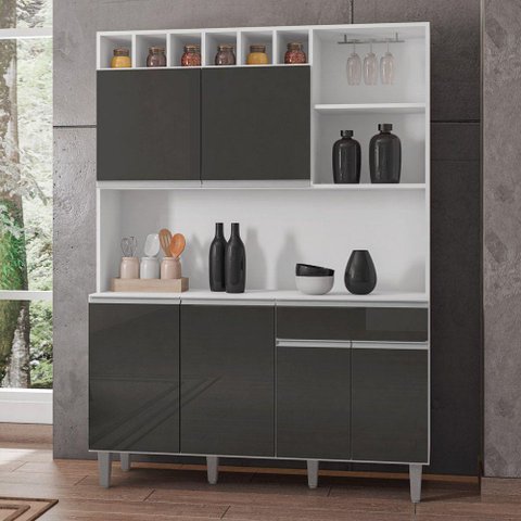 Kit Cozinha Compacta Alice 130cm com 6 Portas e 1 Gaveta Branco Cinza Escuro - Desk Design