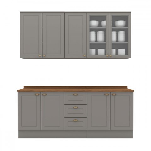 Cozinha Completa Americana 9 Portas 3 Gavetas com Vidro 100% Mdf Cinza - Henn