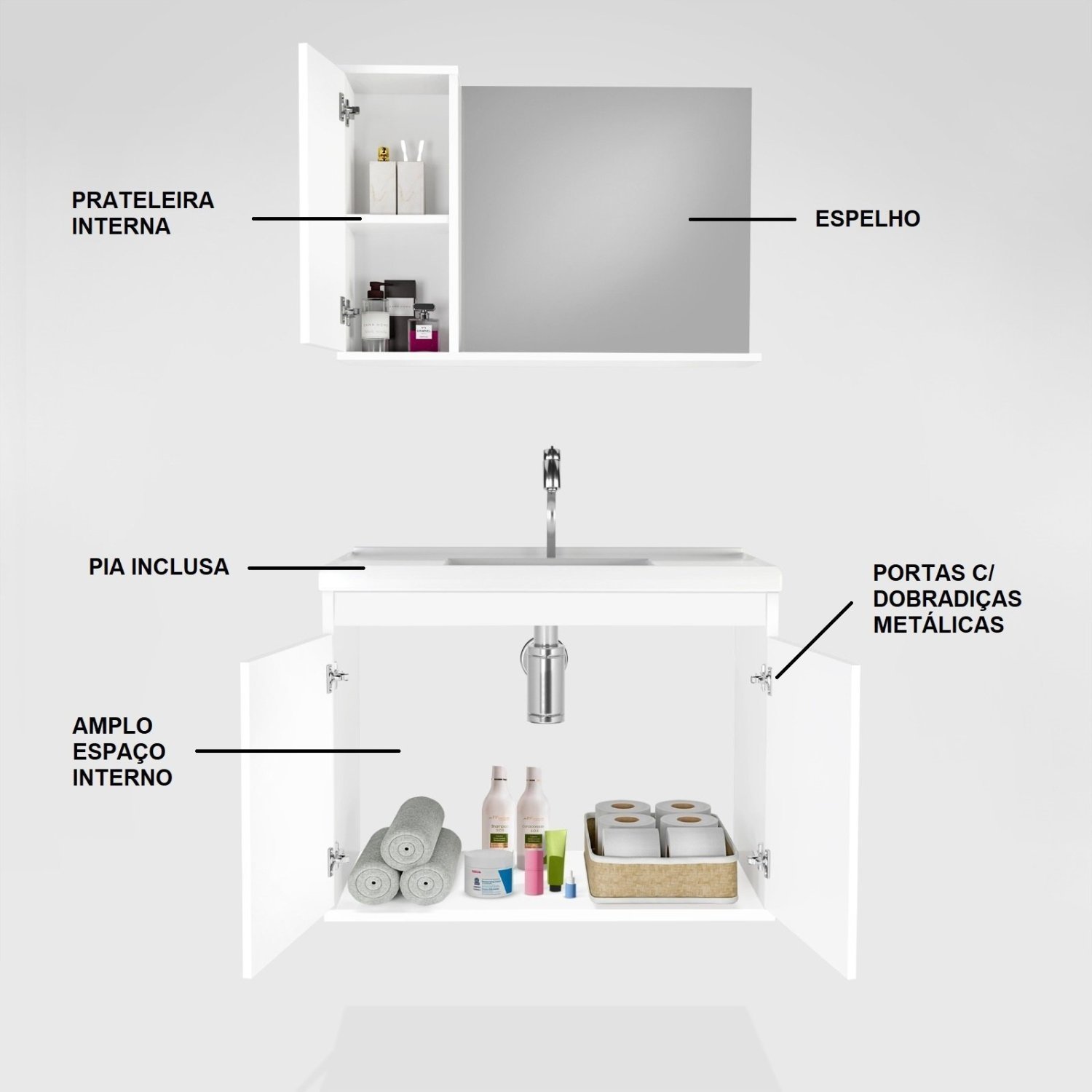 Gabinete para Banheiro com Cuba e Espelheira 60cm Clean  - 5