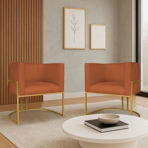 Kit 2 Poltronas Dália Luxo Moderna Estofada Design Sofisticado com Base de Ferro Dourado Suede