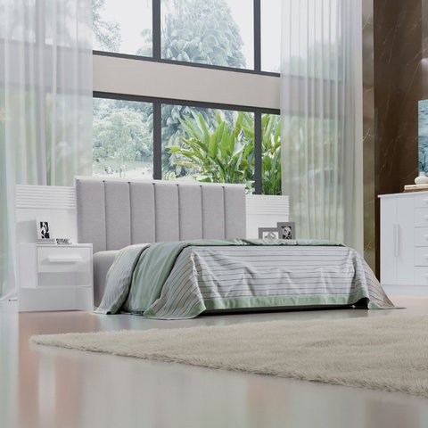 Casal 140cm Ripada 100% Mdf Estofada Isis com 02 Mesas de Cabeceira Espresso Móveis Branco/Prata