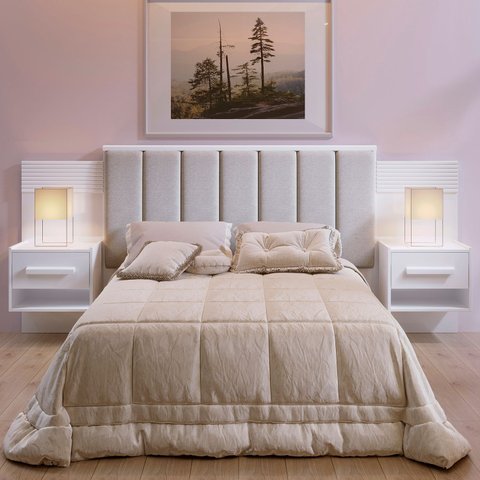 Cabeceira Casal 140cm Ripada 100% MDF Estofada Isis com 02 Mesas de Cabeceira Espresso Móveis Branco