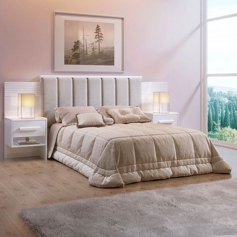 Cabeceira Casal 140cm Ripada 100% MDF Estofada Isis com 02 Mesas de Cabeceira Espresso Móveis Branco