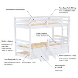 Treliche Solteiro Infantil Eco e Mini Escada/Escorregador Madeira Maciça Branco Mobilistore - 3