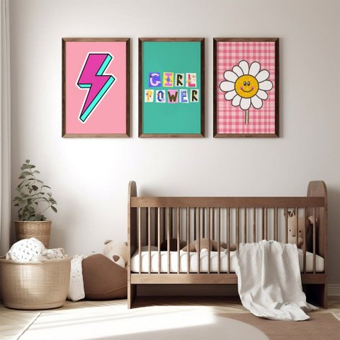 Kit 3 Quadros Decorativos Infantil - Girl Power NO2 - 30x40 - Moldura Madeira