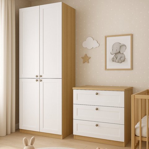 Quarto Infantil com 2 Guarda-Roupa e 1 Cômoda 3 Gavetas Modelo Americano 100% MDF Infinity Branco/Savana