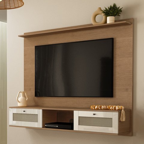 Painel para TV até 72 Polegadas MDF 160CMX135CM Portas Basculante Impressão 3D Palha Trama Marrom
