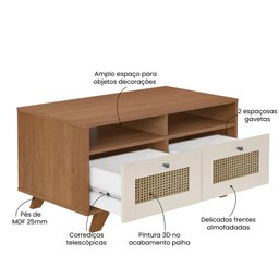 Mesa de Centro 2 Gavetas e Detalhe em Impressão Palha Trama - 5
