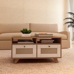 Mesa de Centro 2 Gavetas e Detalhe em Impressão Palha Trama - 2