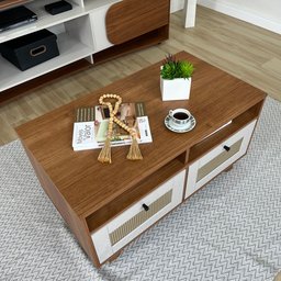 Mesa de Centro 2 Gavetas e Detalhe em Impressão Palha Trama - 13