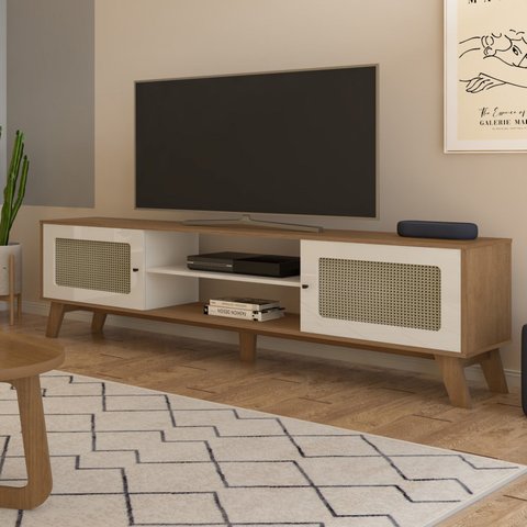 Rack Retrô para TV até 75 Polegadas MDF 180cm 2 Portas Charlotte Marrom Cinamomo/Off White