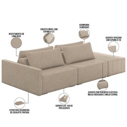 Sofá Ilha Modular para Sala 232cm com Puff Dublin K01 Linho Bege - Lyam Decor - 4