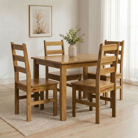 Conjunto com Mesa de Jantar 100cm Retangular e 4 Cadeiras 100% Madeira Maciça Serena Nogueira