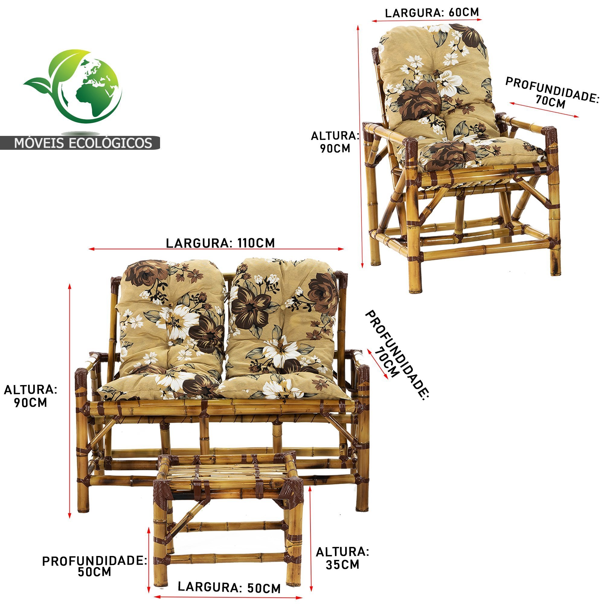 Conjunto Bambu 1 Namoradeira, 2 Cadeiras Individuais + Mesa de Centro com Almofadas para Aréa G4 - 2