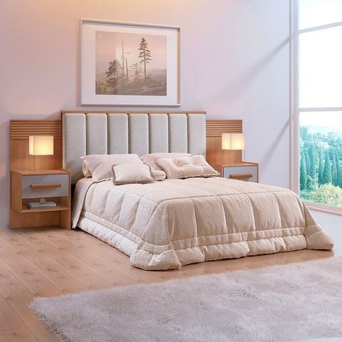 Cabeceira Casal Queen 160 cm Ripada 100% MDF Estofada Isis com 02 Mesas de Cabeceira Espresso Móvei