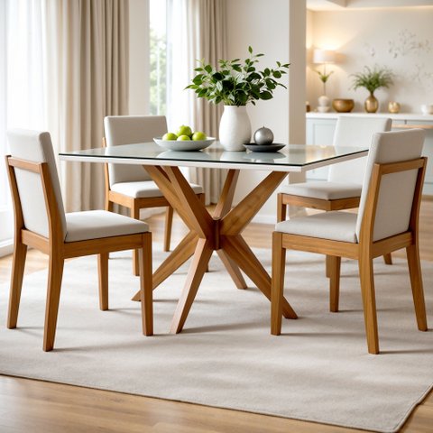 Conjunto Sala de Jantar Mesa Donna com 4 Cadeiras Lady em Madeira Maciça