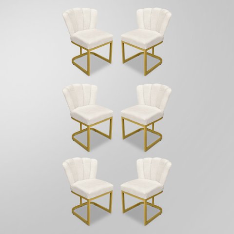 Kit 06 Cadeira Flor Industrial Linho - Base Ferro Dourado - Bege