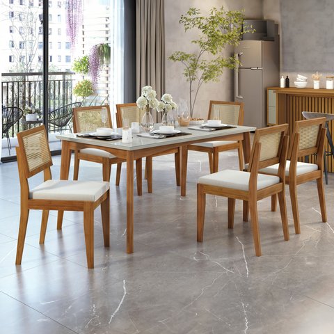 Conjunto Sala de Jantar Mesa Monalisa com 6 Cadeiras Rainha em Madeira Maciça