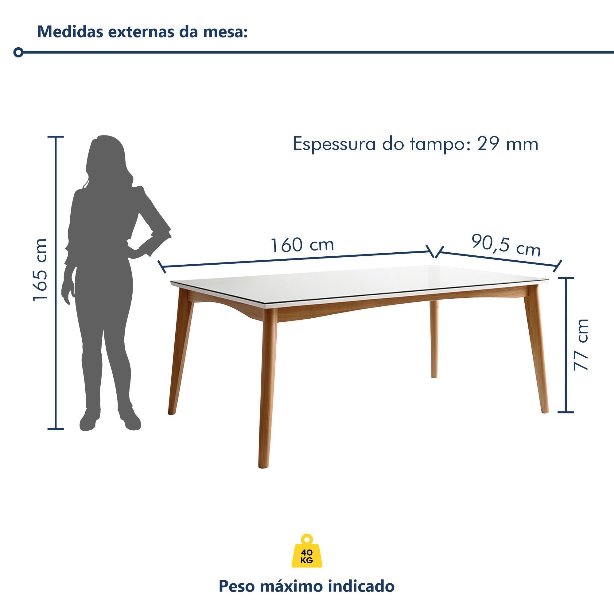 Mesa de Jantar para 6 Lugares 160cmx90cm Monalisa em Madeira