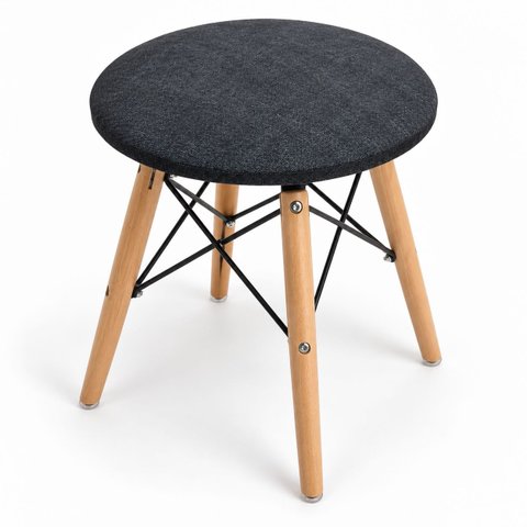 Banqueta Estofada Redonda Baixa 35cm Diâmetro Pés Madeira Estrutura Metálica 46cm Altura - Preta