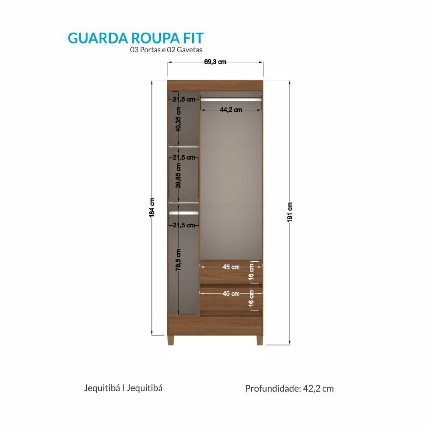 Guarda Roupa 3 Portas 2 Gavetas com Pés - 4