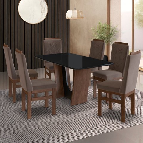 Conjunto Sala de Jantar Mesa 90x160cm T Vidro com 6 Cadeiras Madeira Maciça Tecido Joli Marrom/Tabaco/Preto