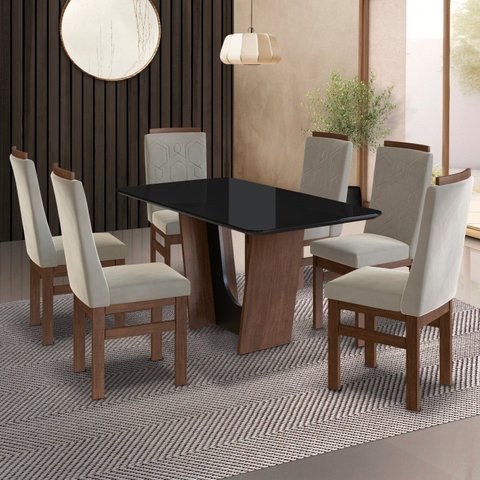 Conjunto Sala de Jantar Mesa 90x160cm T Vidro com 6 Cadeiras Madeira Maciça Tecido Joli Marrom Canela/Joli Creme/Vidro Preto