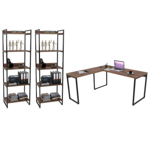 Conjunto Escritório Mesa 2 Estantes 5 Prateleiras