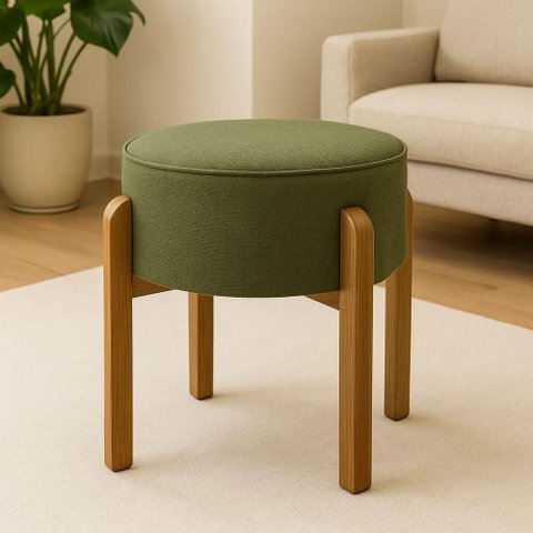 Puff Banqueta Redondo Pés de Madeira Luxo Lar & Estilo Verde