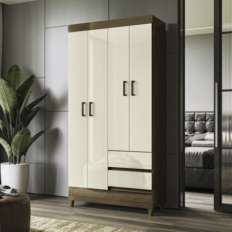 Guarda Roupa 4 Portas 2 Gavetas com Pés Marrom/Jequitibá/Off