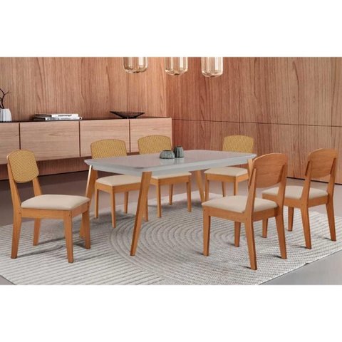 Conjunto: Mesa Sala Jantar Havana Tampo c/ Vidro Curvo 180cm+6 Cadeiras Havana Naturale/Off White -